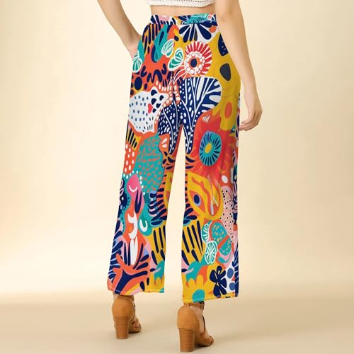 Womens Cartoon Graffiti Pants Stretch Waist Wide Leg Tropical Loose Straight Beach Flowy Trousers with Pockets4