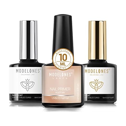 Modelones Gel Top Coat and Base Coat with Nail Primer Set, 3Pcs No Wipe Base and top coat Gel Nail Polish Nail Bond Primer, 10ml New Upgraded Formula Long-Lasting Gel Nail kit Cover