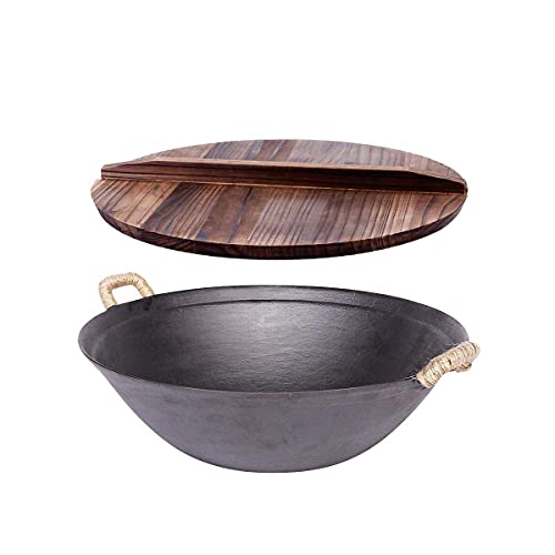 Wooden Lid For 14 Inch Cast Iron Wok Lightweight Cover For Pot Pan And Skillet With A Loofah Sponge For Washing(14.2 Inch (36 Cm)) #TOP5