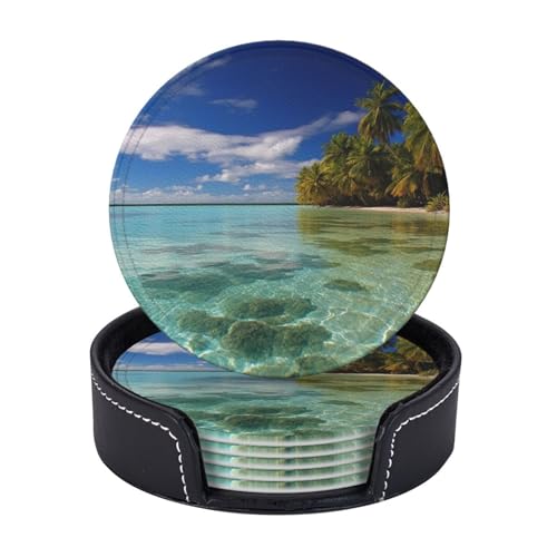 Aitutaki Lot de 6 sous-verres ronds en cuir avec support, motif lagon des îles Cook avec support, dessous de verre absorbants pour la protection de la table, dessous de verre ronds en cuir, tapis de