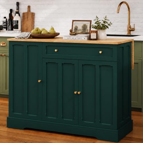 HLR Kitchen Island with Drop Leaf & Storage, Solid Rubber Wood Top Rolling Kitchen Cart with Carved Recessed Panel Doors, Large Mobile Island Table on Wheels for Kitchen, Dining Room (Green)