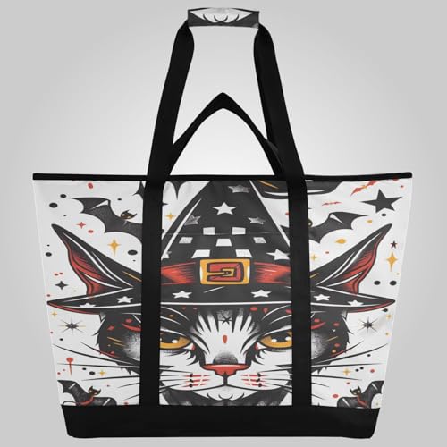 Bolsa térmica aislada con diseño de gato negro con sombrero, plegable, reutilizable, para alimentos