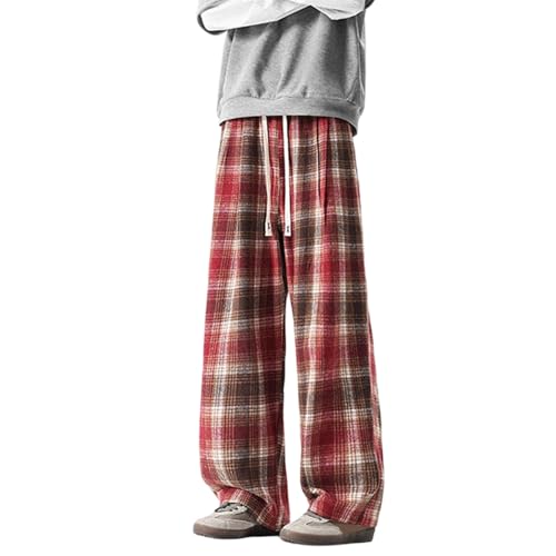 Generisch Pantalones de lana a cuadros para hombre con pierna ancha y cordón - Pantalones holgados informales con estampado de cuadros escoceses | Cómodos pantalones de ocio para otoño e invierno