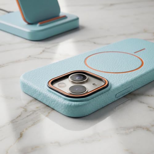 Image of amazon basics Luxury MagSafe Compatible Leather Texture Back Cover for iPhone 13 | Raised Camera Protection | Slim Fit Shockproof Case with Metallic Accents (Light Blue)
