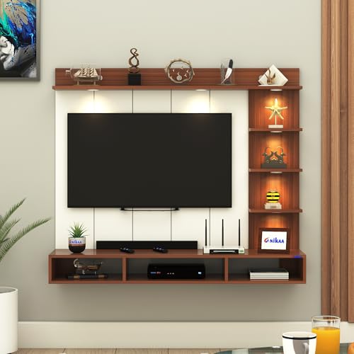 Image of Anikaa Tyron Engineered Wood Wall-Mount TV Unit with PVC Back Panel & LED Lights | TV Cabinet with Storage Box & Decorative Shelves (Walnut) | Ideal for TVs up to 43 Inch | DIY Installation