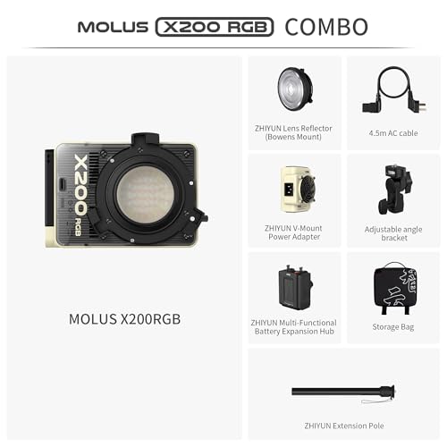 Image of ZHIYUN MOLUS X200 RGB Combo 200W Video Light [Official] Handheld Professional Photography Lighting Portable Continuous Output Lighting Bowens Mount 2500K~10000K CRI≥95 TLCI≥97 Only 830g （No Battery）