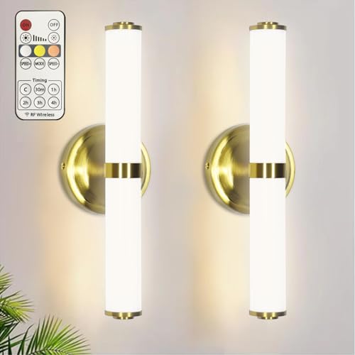 Tenfeelit Wall Sconces Set of 2, Modern Gold Sconces Wall Decor, Hardwired LED Wall Lights with Stainless Steel Base & Aluminum Body, Remote Control 3 Color Dimmable, Timer, No Battery Needed