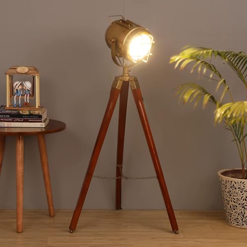 Image of PRISTINE INTERIORS Brown Fabric Shade Tripod Floor Lamp with Black Base Silver Metal Shade Tripod Floor Lamp with Beige Base (Mirabelle)