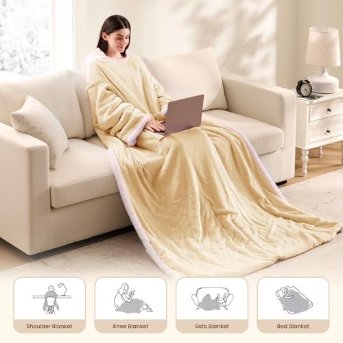 PLOATH Heated Electric Blanket Shawl: Heating Throw Heated Poncho - Wearable Blanket Hoodie Wrap Sherpa with 10 Heat Levels & Multi Heating Time Settings (50x75'' Beige) - Image 5