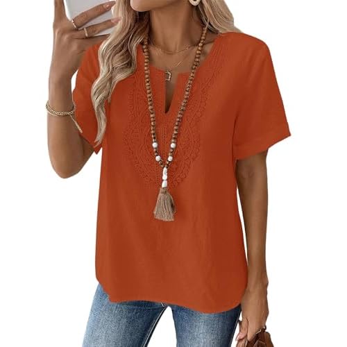 LOMON Womens Short Sleeve Tops Cotton Linen Shirts Loose Casual V Neck Lace Blouses Summer Vacation Clothes Caramel X-Large