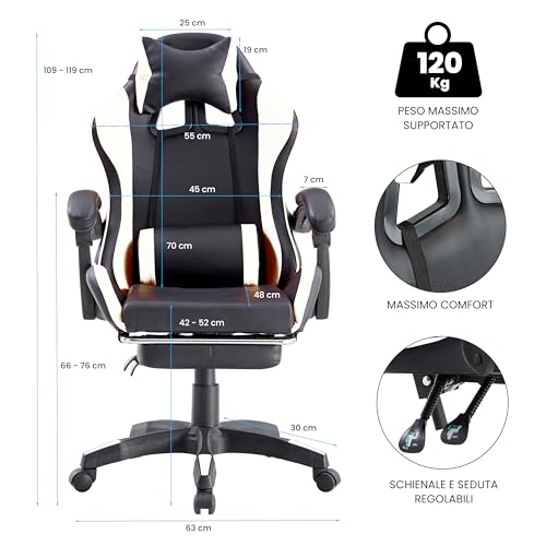 Brigros Ergonomiczne krzesło do gier wyścigowych z podłokietnikami, obrotowy fotel biurowy z kółkami, podnóżkiem, zagłówkiem i poduszką lędźwiową ze sztucznej skóry, nośność: 125 kg (biały)