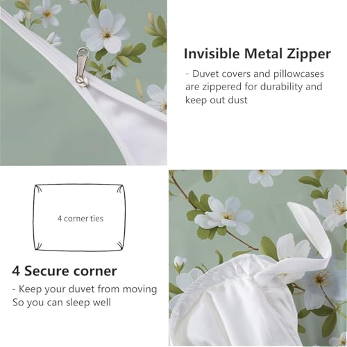 Housse de couette 140x200cm fleurs blanches parure de lit vert sauge - 8