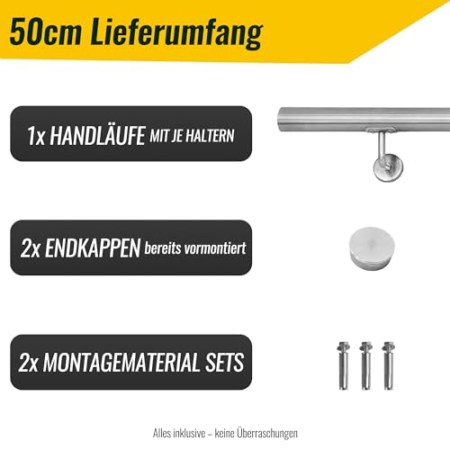 BelovedYard Edelstahl Treppengeländer Handlauf 50cm | Ø 42mm, Rostfrei & Wetterfest | Inkl. V2A Wandhalter & Montage-Set | 50–400cm Längenwahl Treppe Innen & Außen | Sicherheit & Komfort