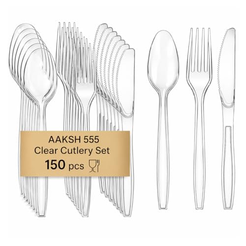 AAKSH 555 Pack of 150 Strong Reusable Clear Cutlery Set [ 50 Spoons 50 Forks 50 Knives Set ] Strong Cutlery Set for Birthday Parties Buffets Picnics BBQs Wedding Camping Christamas Party.