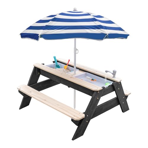 Kids - Table d'activités 3 en 1 en bois - Table de pique-nique convertible avec parapluie - 2 boîtes de jeu - Dessus amovible - Table de robinet d'extérieur...