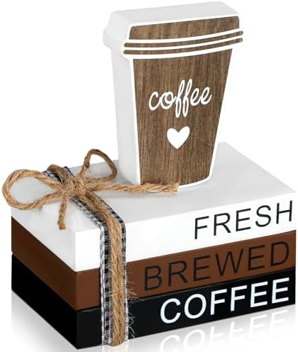 Chunful 4 Pieces Coffee Bar Decor Mini Wooden Book Stacks Coffee Bar Accessories Sign Tiered Tray Decor for Kitchen Table Shelf Rustic Farmhouse Home