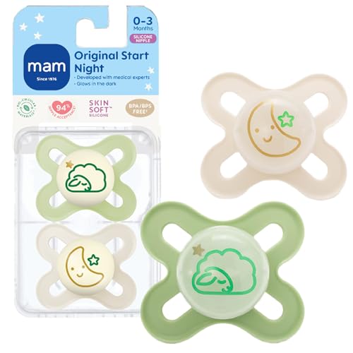 MAM Original Start Night Baby Pacifiers, Binky for 0-3 Months, BPA-Free Silicone Nipple, Easy to Clean, Best for Newborn Babies, Developed with Medical Experts, 2 Count Binkies with Sterilizer Case