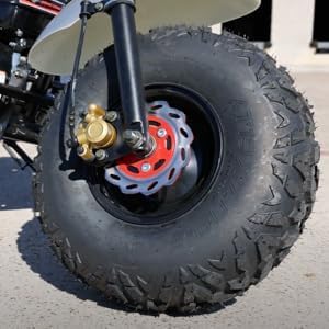 Close-up of the Trailmaster Hurricane 200X front wheel with hydraulic disc brake