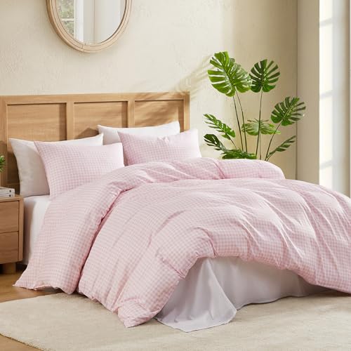 Image of Andency Gingham Duvet Cover Queen Size, Pink Blush Checkered Plaid Bedding Set, 3 Pieces Soft Prewashed Polyester Comforter Cover with Zipper Closure & Corner Ties
