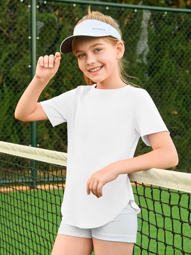 Image of Haloumoning Girls Short Sleeve T Shirts Summer Crewneck Shirt 5-14 Years | Casual, Solid, Loose Fit, Basic tees, Curve Hem, Soft Tunic Tops