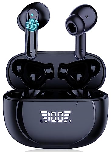Wireless Earbuds Bluetooth Headphones 52H Playtime Ear Buds with LED Power Display Charging Case,Stereo Deep Bass Headset with 4 Mic IPX5 Waterproof Earphones for iPhone Android Laptop Black