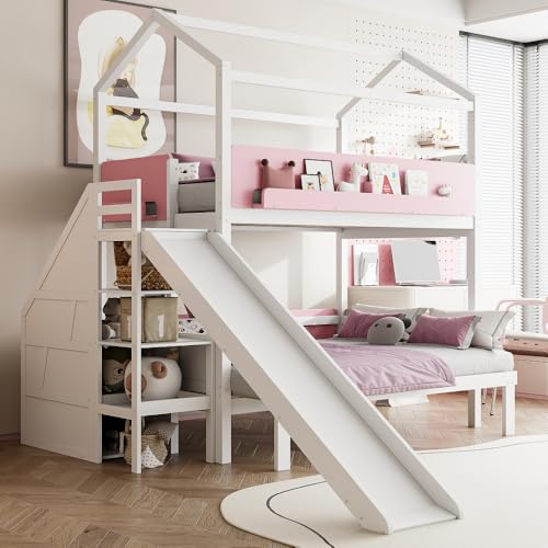 Twin Over Twin/Full House Bunk Bed with Slide, Storage Stairs, White/Pink