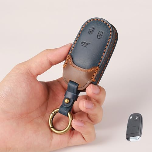 Image of keyzone dual leather key cover compatible for Jeep Compass, Compass Trailhawk smart key (BlueBrown)