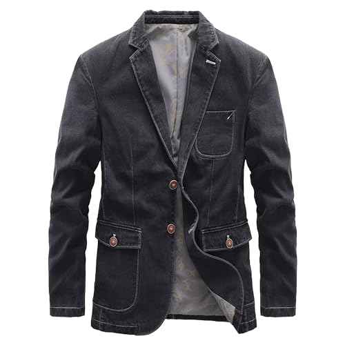 Men's Denim Suit Jacket Two Buttons Comfortable Jean Coat Notch Lapel Vintage Skinny Blazer Sport Outwear