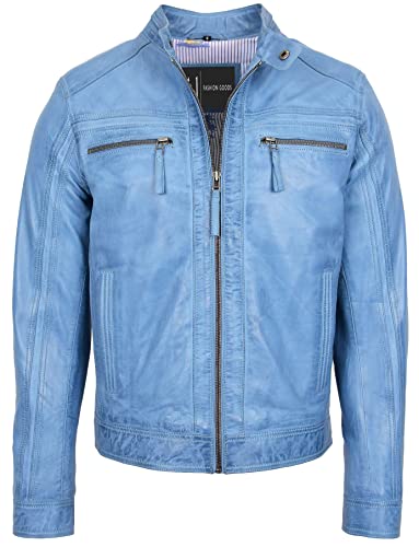 Chaqueta de motociclista de cuero para hombre con cuello de banda vintage CALVIN, azul, XXL Cover