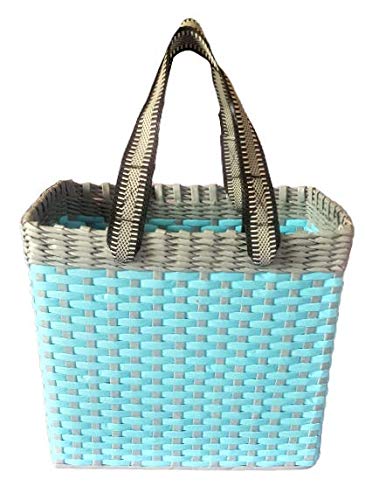 Image of Paperus, Medium, Sky Blue & Grey Lunch Bag, Picnic Basket, Handbag, Tiffin Basket for Office, Rectangular, Eco-Friendly, Handmade, of Paper Ropes, in Inch 11 H, 12 L, 6 Wide Base