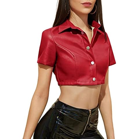 Floerns Blusa de piel sintética de manga corta para mujer Cover