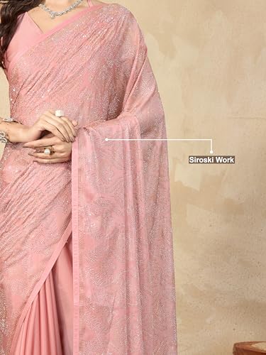 Image of TRENDMALLS Women's Chanderi Silk Siroski Work Saree with Unstitch Blouse Piece (K1152-Orange)