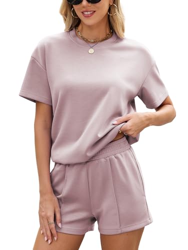 Famulily Ladies Lounge Wear Sets UK Short Sleeve 2 Piece Outfits Travel Tracksuit Oversized T-Shirt Summer Shorts with Pockets (M, Purple)