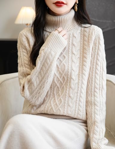 Image of Chanyarn Women's 100% Merino Wool Turtleneck Sweater 2025 Fall Winter Casual Cable Warm Soft Long Sleeve Knit Sweater
