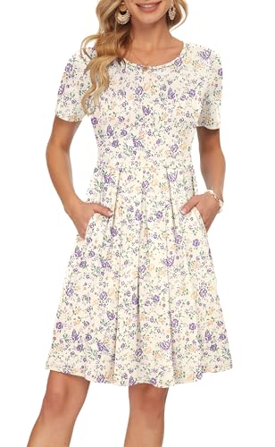 Image of AUSELILY Women's Short Sleeve Pleated Swing Summer Dress with Pockets | Knee-length short sleeve dress, empire waist & pockets, ideal for casual daily wear and vacation