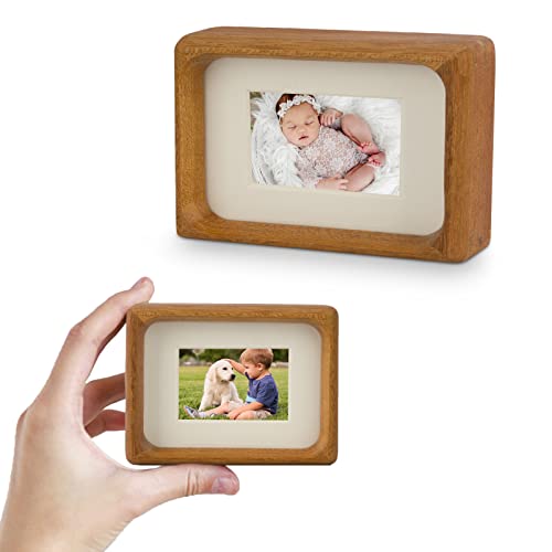 Youncewooder Nature Wood Picture Frame With Smooth Round,Display 2X3 Picture With Opening Mat Or 3X4 Picture Without Mat, Cute Small Picture Frames For Table Top For Kids And Baby, Teak #TOP22