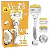 Gillette Venus Pro ComfortGlide Coconut Scented Womens Razor with Olay Moisturiser, 1 Refill Razor Cartridges, Reusable Metal Handle and Shower Holder