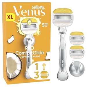 Gillette Venus Pro ComfortGlide Coconut Scented Women’s Razor with Olay Moisturiser, 1 Refill Razor Cartridges, Reusable Metal Handle and Shower Holder