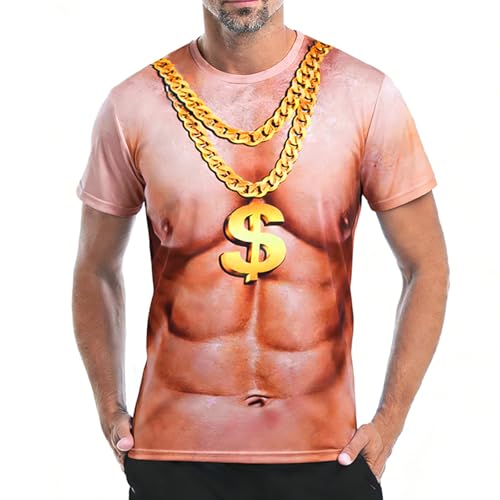AYBUY Sixpack Shirt Herren 3D Druck Tee Shirt Muskelshirts Herren Lustige Tshirts Männer Karneval Kostüm Bier Kostüm Rundhals T-Shirt Hässliche Tshirts (XL Halsketten Bauchmuskeln Form)