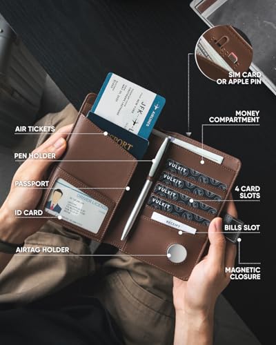Image of VULKIT Passport Wallet Compatible with Airtag Holder RFID Blocking Bifold Travel Card Holder, Black Brown, 6.9x4.3x0.10 inches, Minimalist