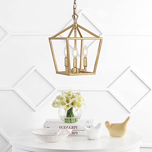 Image of JONATHAN Y Ojai Pagoda Pendant Lantern 10 inch, Brass Gold | 3-Light, Metal Frame Construction, LED Bulbs Included, Adjustable Chain, Classic Farmhouse Chandelier, Entry Foyer Decor