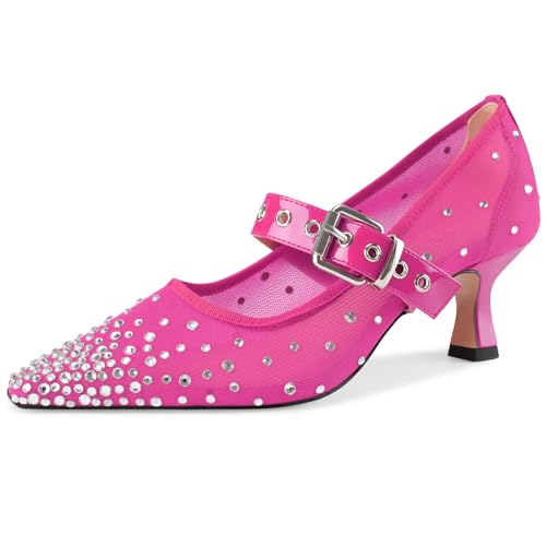 Image of Women's Mesh Closed Pointed Toe Heels Rhinestone Ankle Strap Buckle Kitten Heeled Mary Jane Pumps Dressy Prom Wedding Sandals Shoes 2 inch