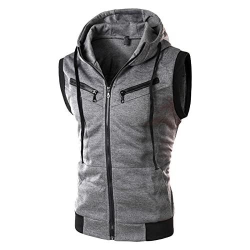 Maiyifu-GJ Men Sleeveless Zip-up Hoodie Vest Zipper Pockets Workout Tank Tops Jacket Lightweight Slim Fit Hooded Vest Blouse (Dark Grey,X-Small)