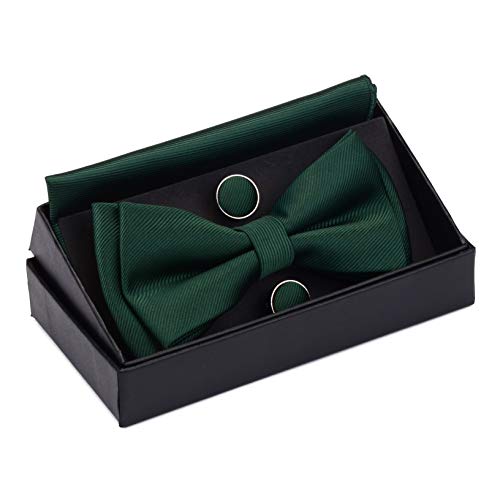 Image of GUSLESON Mens Solid Color Two Layer Pre-tied Bow Tie and Pocket Square Cufflink Set with Gift Box