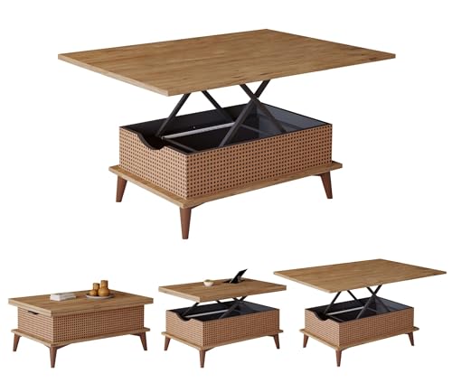 BERA DESIGN Extendable Dining Table 6-8 Seater, Lift Top Coffee Table, Extendable & Foldable Coffee Table Converts to Dining Table - Space Saving Dining Table - 90x60x45cm with 3 Variable Height Level