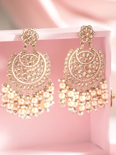 Image of Rubans Chandelier Earrings Kundan Pearl Traditional Jewellery Wedding Festive Gift for Women & Girls