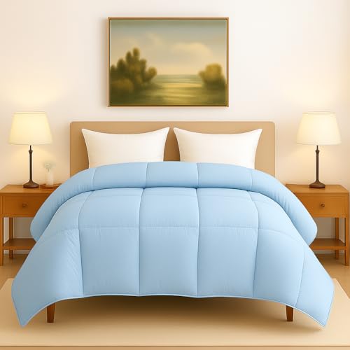 Image of Bed Comforter - King Size - Light Blue - 300 GSM Quilt Blanket Rajai - Winter Warm Down Alternative Duvet Insert with Corner Ties