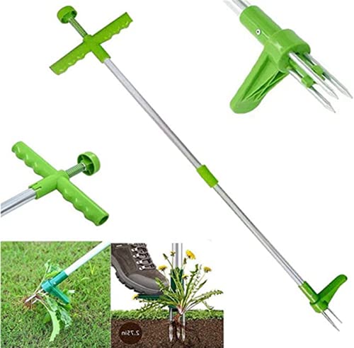 KISMPA Manual Weeder, Stand Up Weed Puller Tool with 3 Stainless Steel Claws, Standing Plant Root Remover, Steel Twist Hand Weed Root Pulling Tool and Grabber, Picker with 36  Long Handle