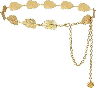 Gold Leaf Chain Belt, Adjustable Length, Decorative Rose Charm, Metal Fashion Accessory