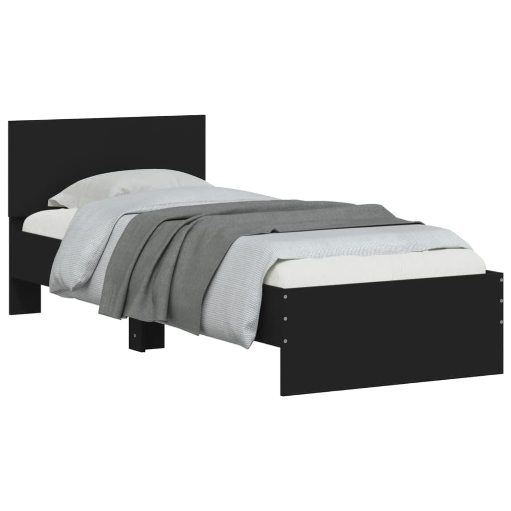 lite drewno z wezgłowiem na książki 90x200 cm czarny | Rama łóżka z wezgłowiem 90x200 czarna z listwami, solidna stelaż do sypialni, lite drewno i płyta meblowa